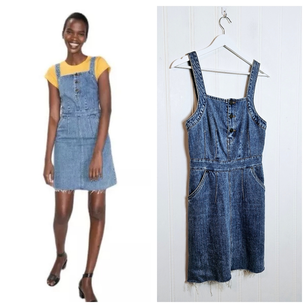 & Other Stories Blue Denim Mini Dress Sz 6 Bib Button Raw Hem Pockets